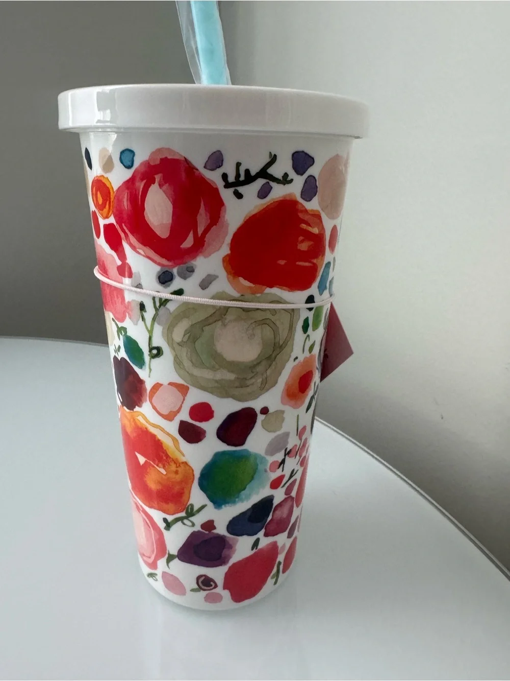 Kate Spade White & Pink Floral Insulated Tumbler Cup With Straw